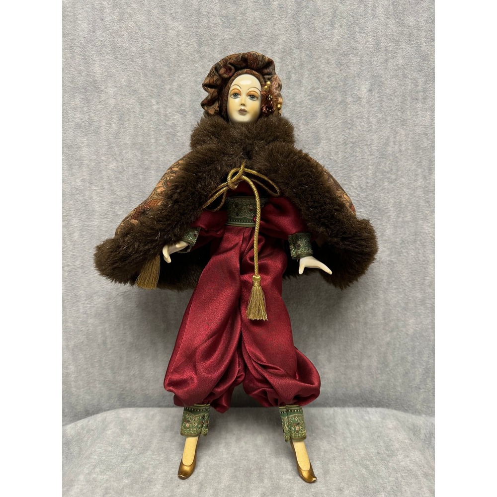 Vintage Porcelain Harlequin Doll Burgundy Satin Faux Fur Art Deco Pierrot - Picture 14 of 15